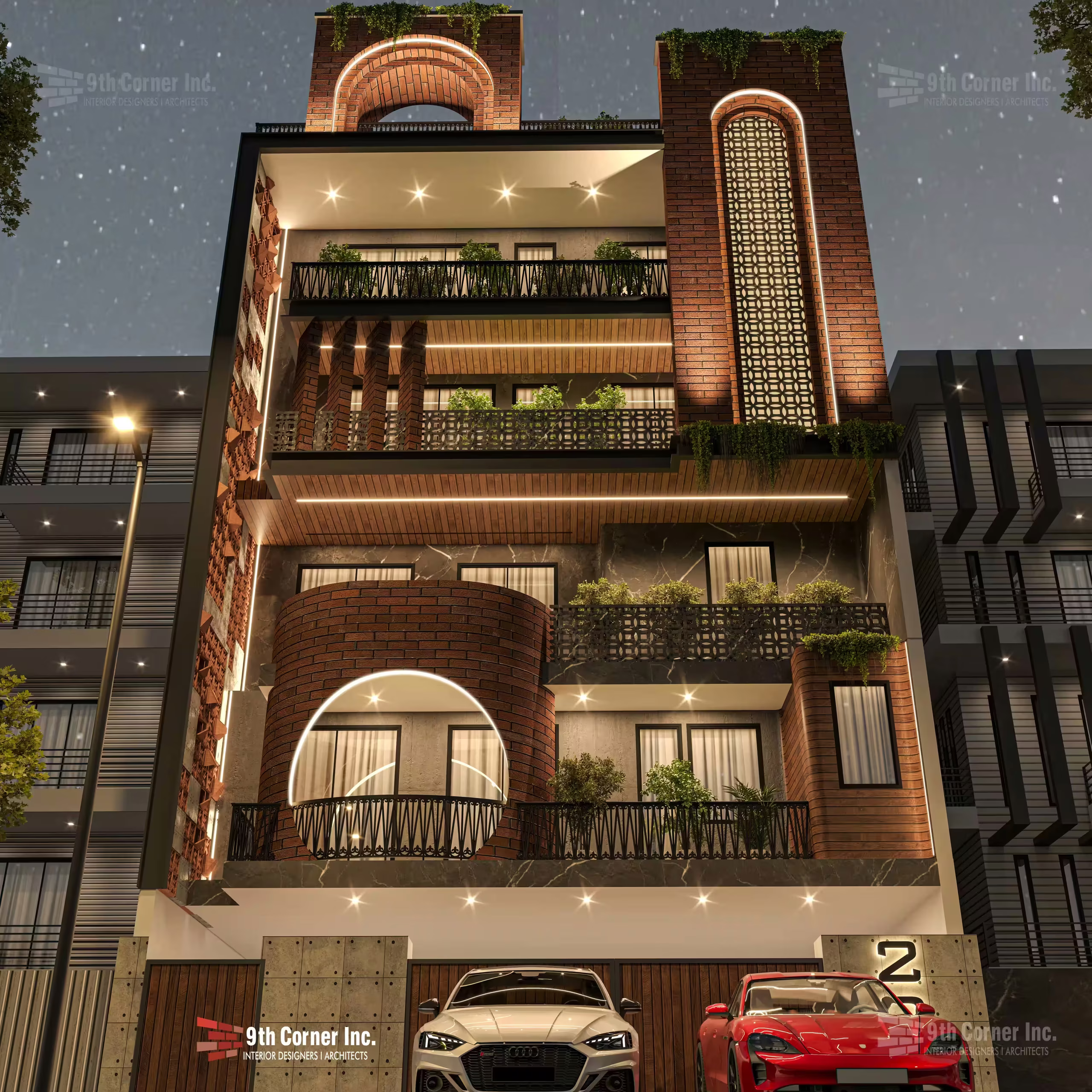 Brick and planted facade of the Mr Raj Gupta building in Gujranwala Town, North Delhi, by 9th Corner