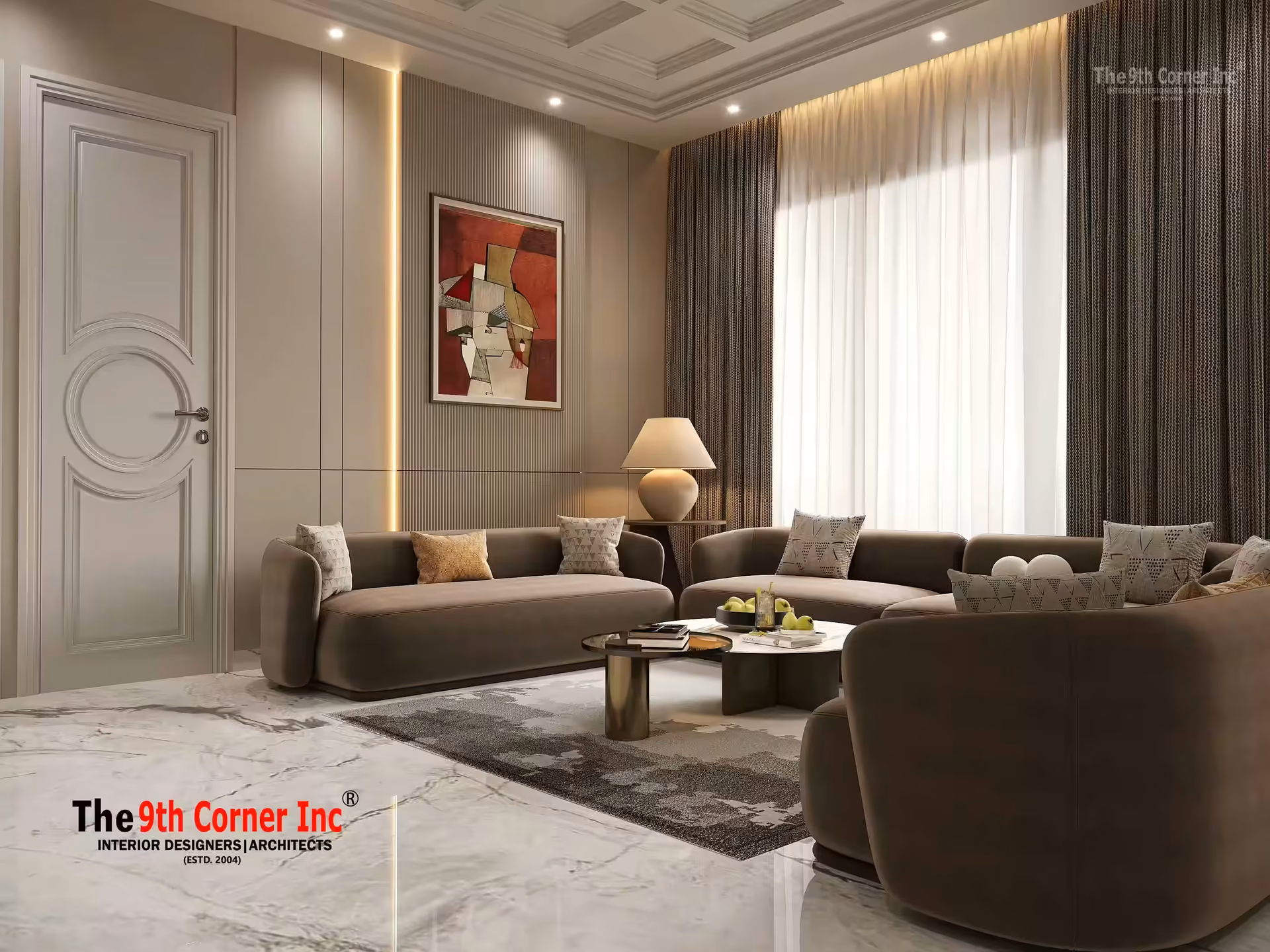 Contemporary drawing room design at Dr AK Jain residence in Model Town by Ninth Corner