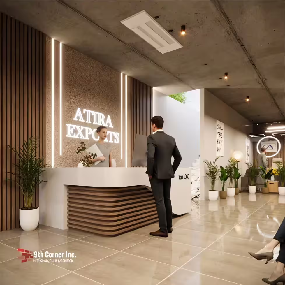 Corporate office reception interior design by 9th Corner