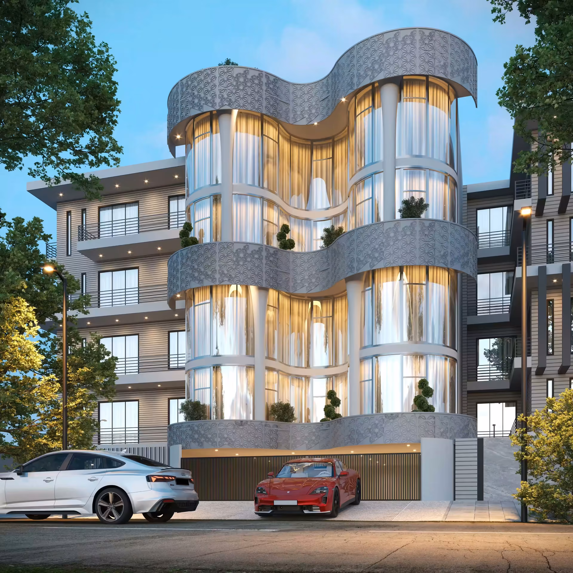 Front elevation of the Mr Anand Kumar high-rise residence in Noida, designed by 9th Corner
