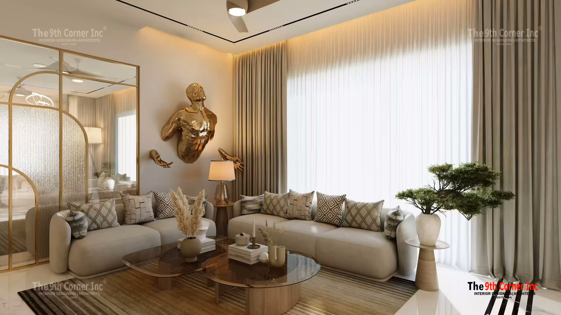 Contemporary drawing room design at Mr Arun residence in Ashok Vihar by Ninth Corner
