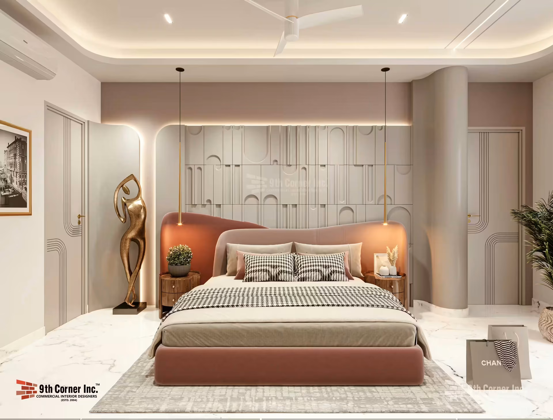 Warm guest bedroom interior at Mr Arun residence in Ashok Vihar by Ninth Corner