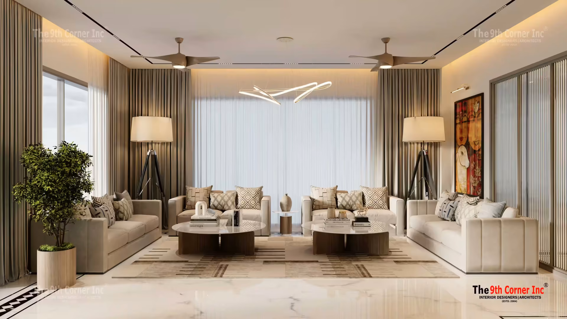 Contemporary drawing room design at Mr Rana residence in Noida by Ninth Corner