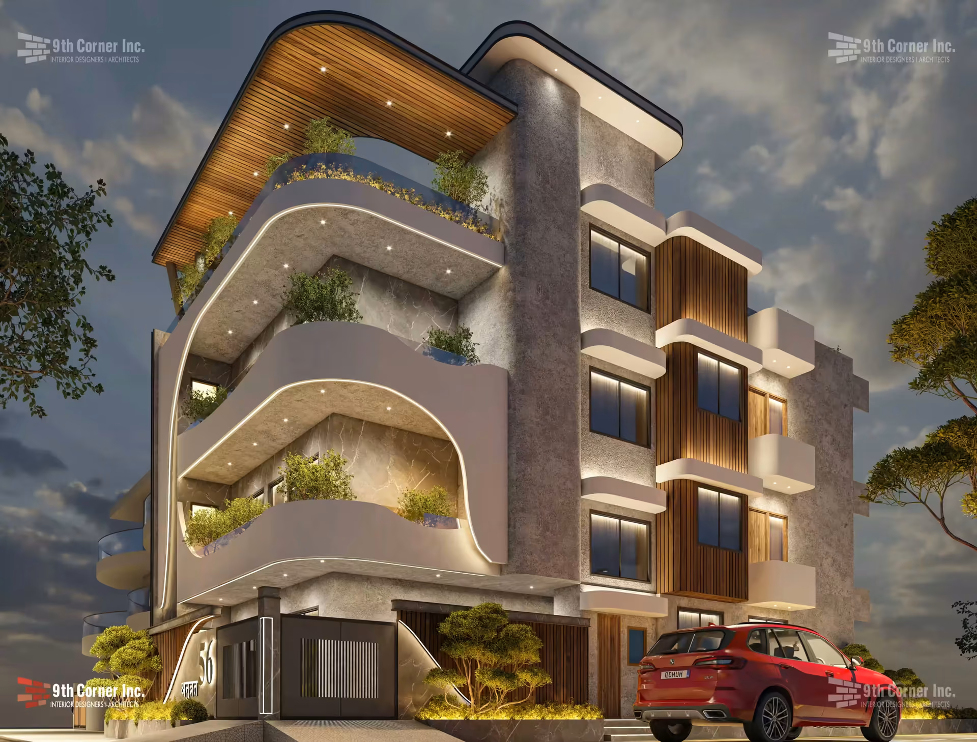 Contemporary facade with curved balconies at Mr Umesh Jain residence in Bhiwani by Ninth Corner