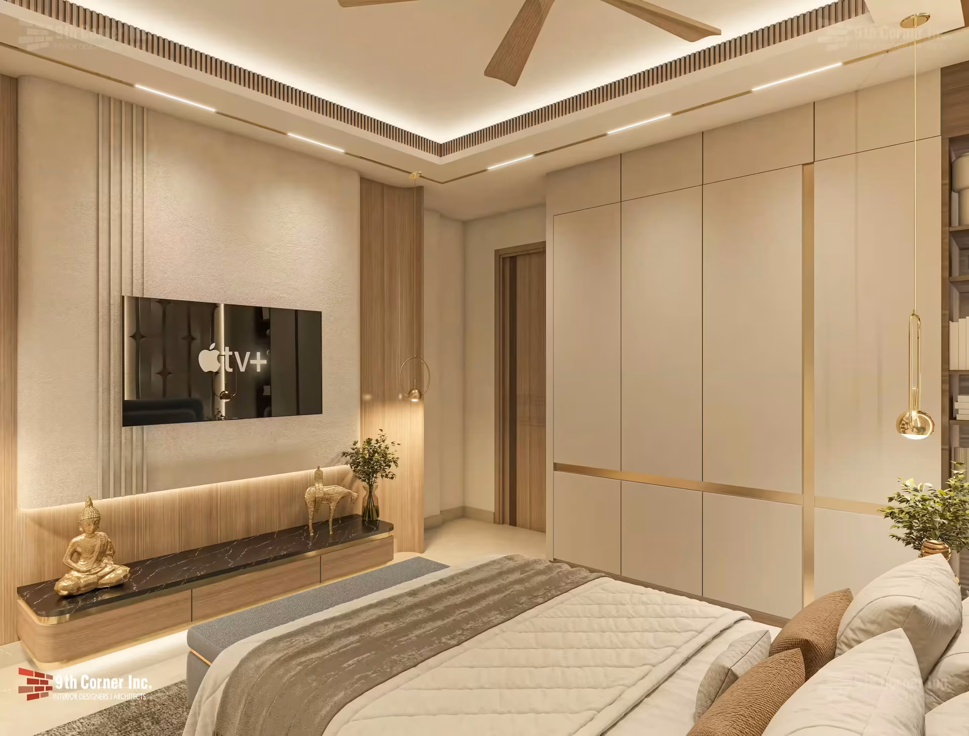 Warm guest bedroom interior at Mr Umesh Jain residence in Bhiwani by Ninth Corner