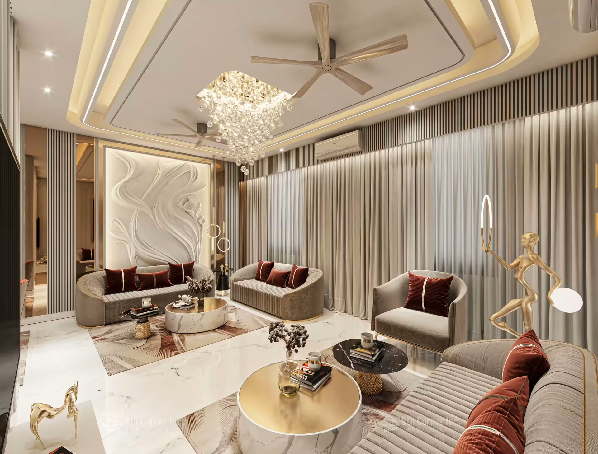 Elegant living room interior design at Mr Virend Singh residence in Gurgaon by Ninth Corner
